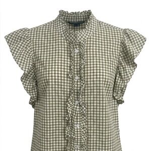 Veronica Beard Olive Check Ruffle Blouse